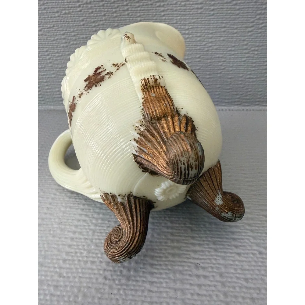 Vintage Custard Uranium Glass Creamer Pitcher Shell Design UV Glow Floral